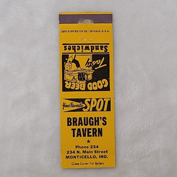 Vintage Matchbook Cover Braugh’s Tavern Monticello IN Indiana Gold Yellow - Picture 4 of 5